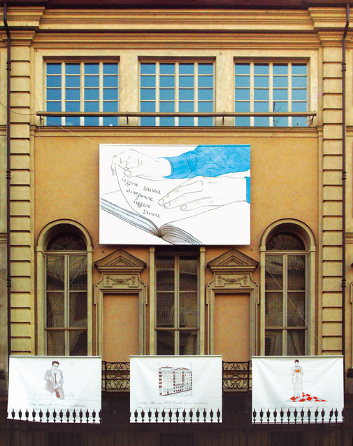 Cesare Viel, Tu che mi hai disegnato, 2004, particolare dell'installazione, facciata di Palazzo Bricherasio, Torino. Foto Alvin Crea. Courtesy Pinksummer, Genova