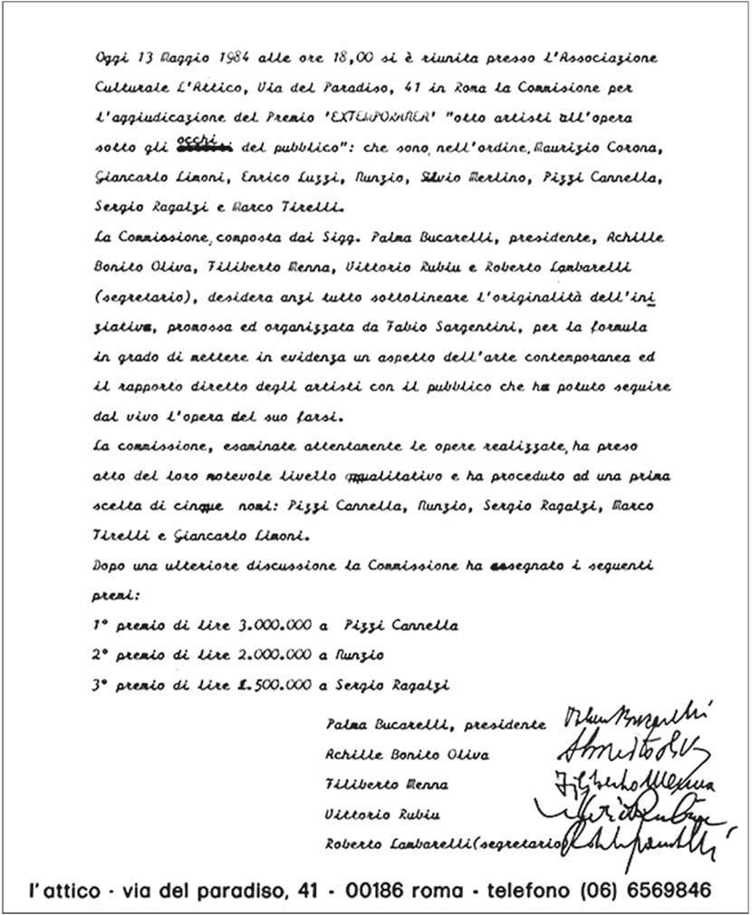 verbale stilato dalla Giuria per l’assegnazione del Premio Extemporanea, L’Attico, Roma, 13 maggio 1984