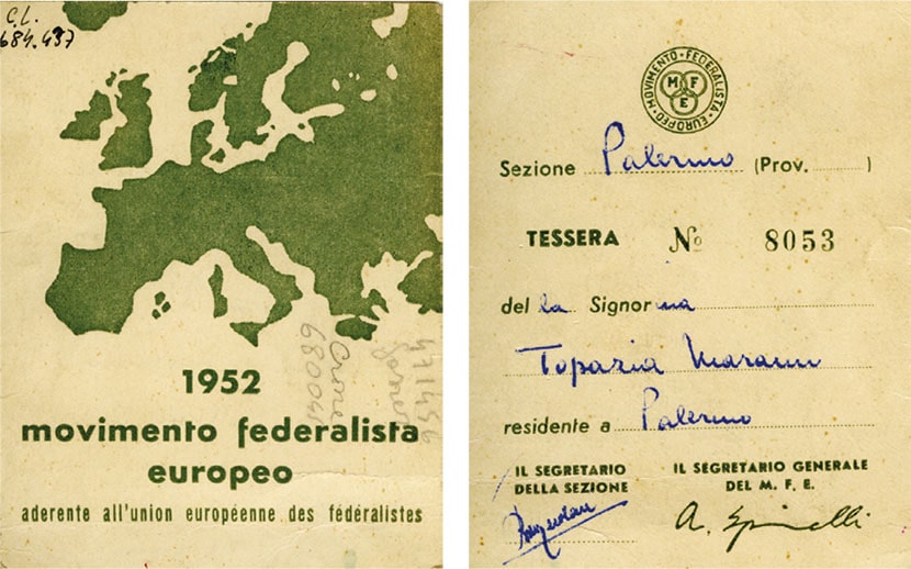 Movimento Federalista europeo, Tessera d’iscrizione di Topazia Maraini, Palermo, 1952. Archivio Toni Maraini